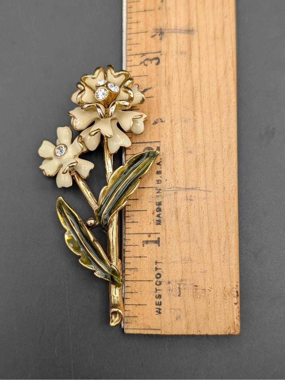 Vintage Monet Cream Enamel Flower Brooch Pin Gold Tone Rhinestone Floral Stem